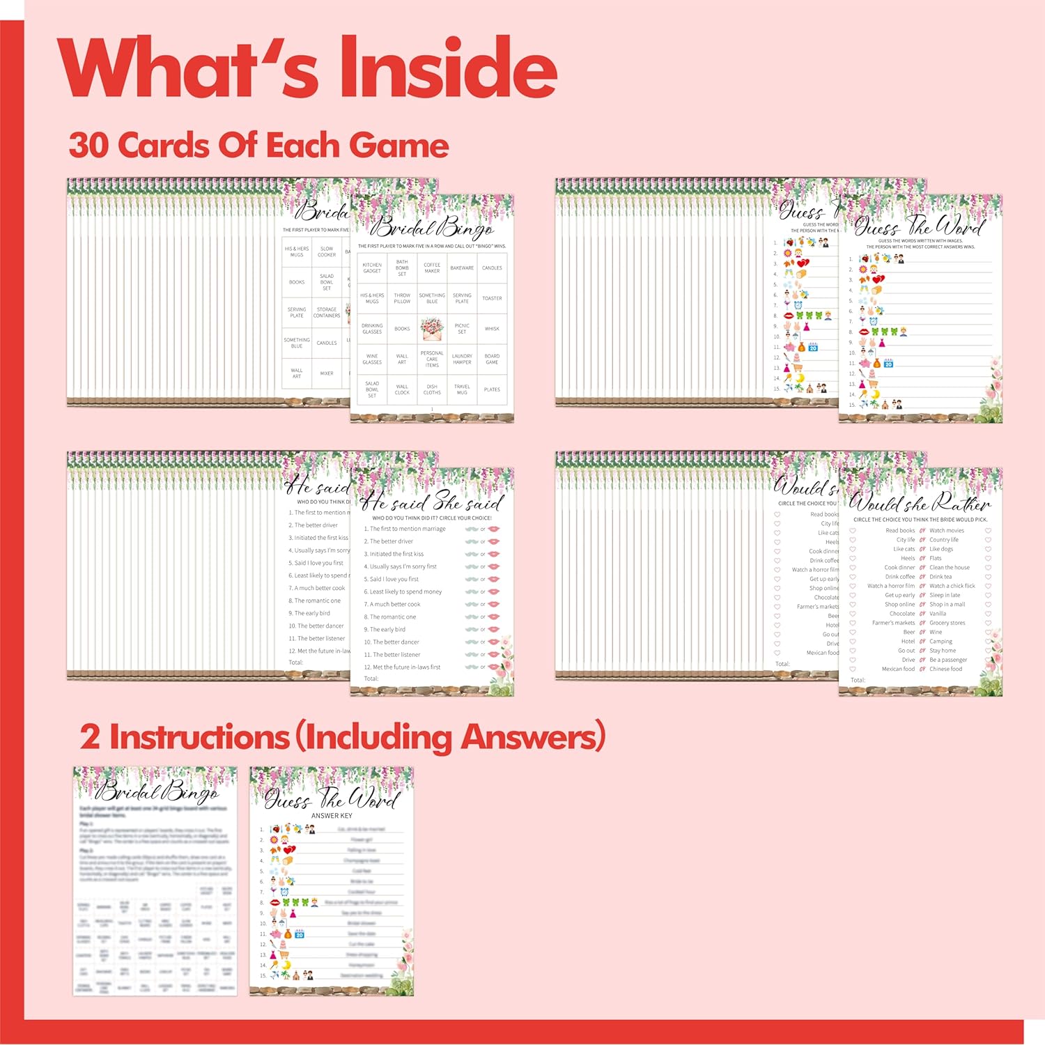 Bridal Shower Game Set, 4 Fun Games & Activities - Bingo Game/Would She Rather/He Said, She Said/Guess The Word For 30 Guests, All-In-One Set Wedding Party Supplies