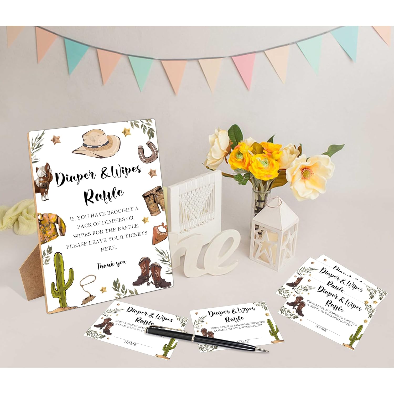 Diapers Wipes Raffle, Cowboy Diaper Raffle Tickets For Baby Shower, 1 Wooden Sign With 50 Diaper Raffle Cards, Game Activity For Baby Shower, Gender Reveal Party Favors Decorations