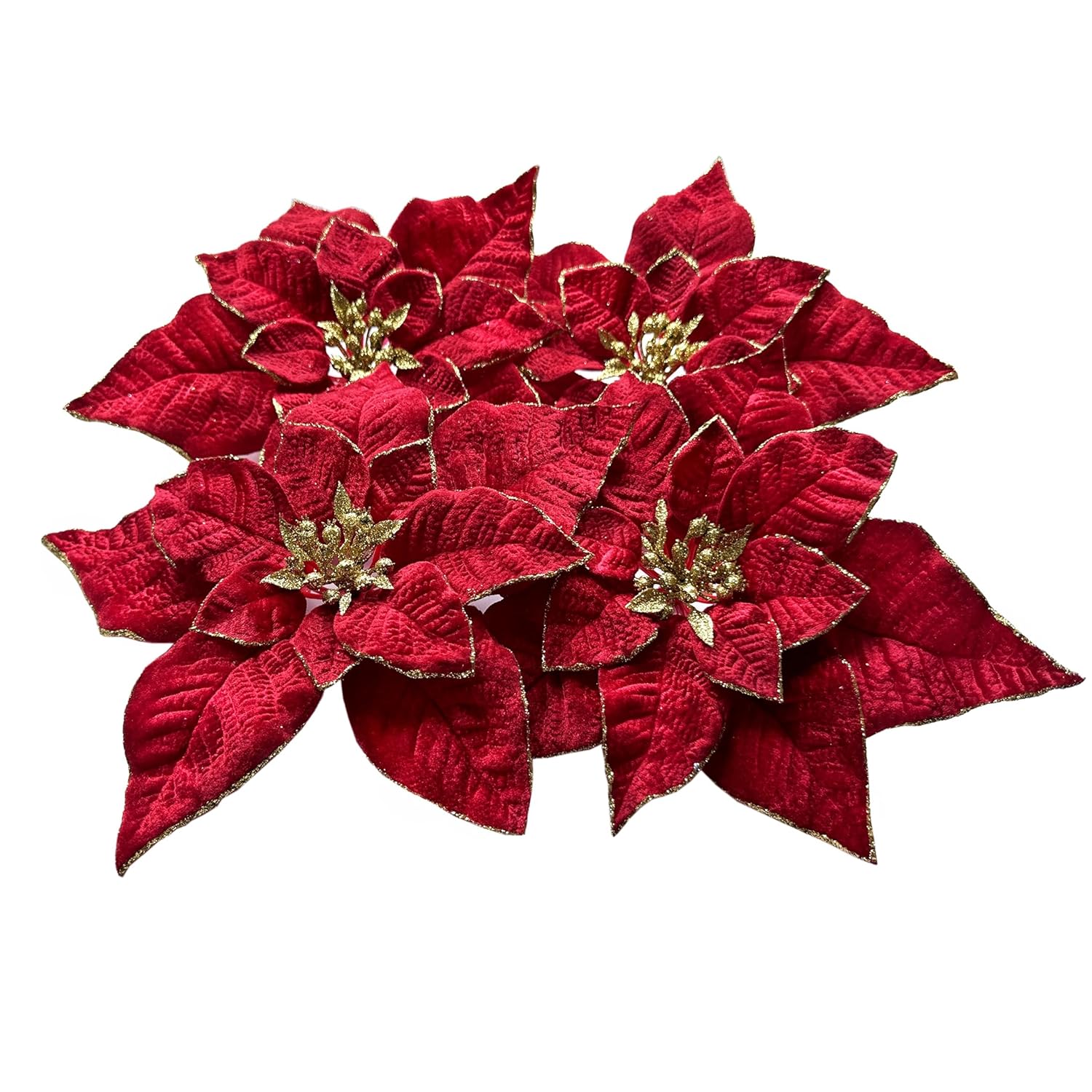 Artificial Christmas Flowers Red Velvet Poinsettia Floral Picks For Christmas Wreath Tree Ornaments(4Pcs Extra Large Burgundy)