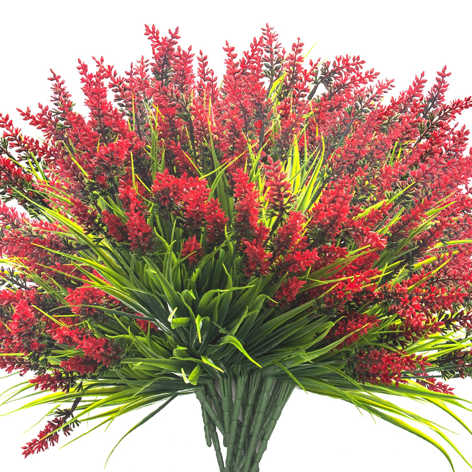 20 Bundles Artificial Plants Outdoor Fake Monkey Grass With Flowers (Red)