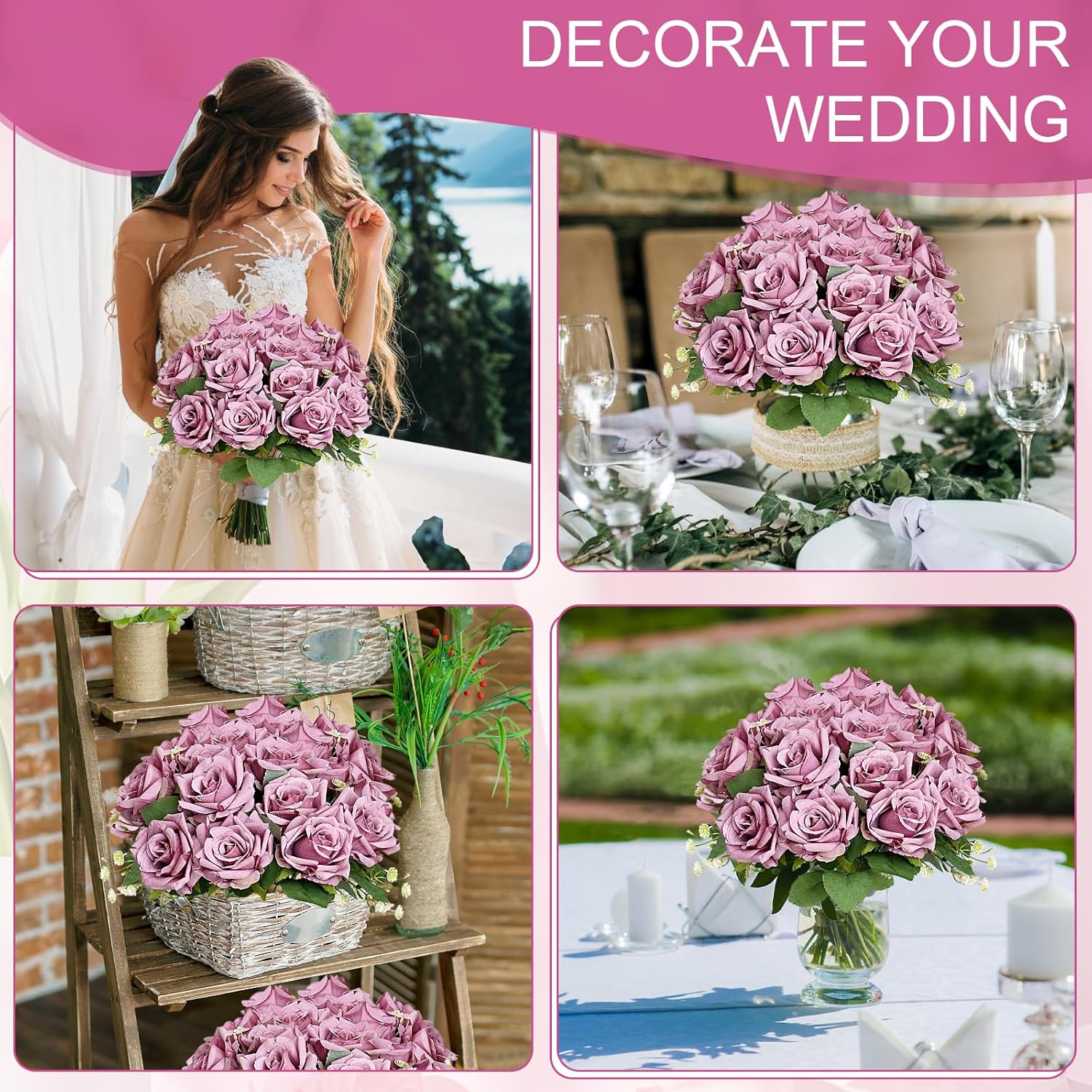 Purple Roses Artificial Flowers - 8 Bundles Fake Silk Rose Flower Realistic Faux Florals Bulk For Wedding Bridal Party Baby Shower Event Home Arrangements Centerpieces Decor (Dusty Purple)