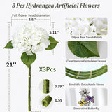 3Pcs White Hydrangea Artificial Flowers,21" Full Large Faux Hydrangea Flowers With 3 Pcs Butterflies,Latex Real Touch Flowers For Home Decor Floral Arrangements Wedding Bouquets Centerpieces