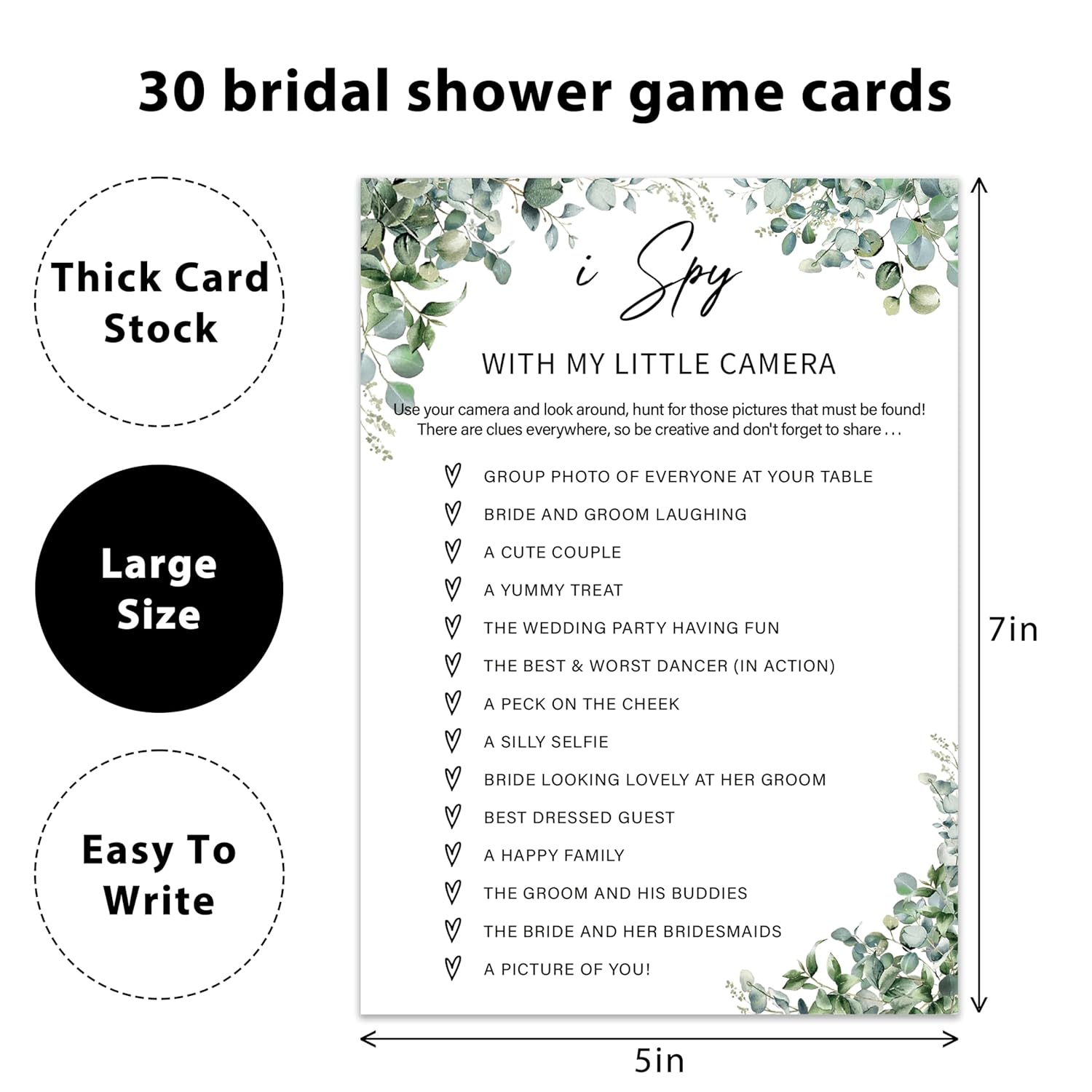 Eucalyptus Bridal Shower Game Cards - I Spy With My Little Camera, Wedding Engagement Bachelorette Party Bridal Shower Games For 30 Guests, Double Sided Cards Set Of 30, Activity Supplies & Favor/A13