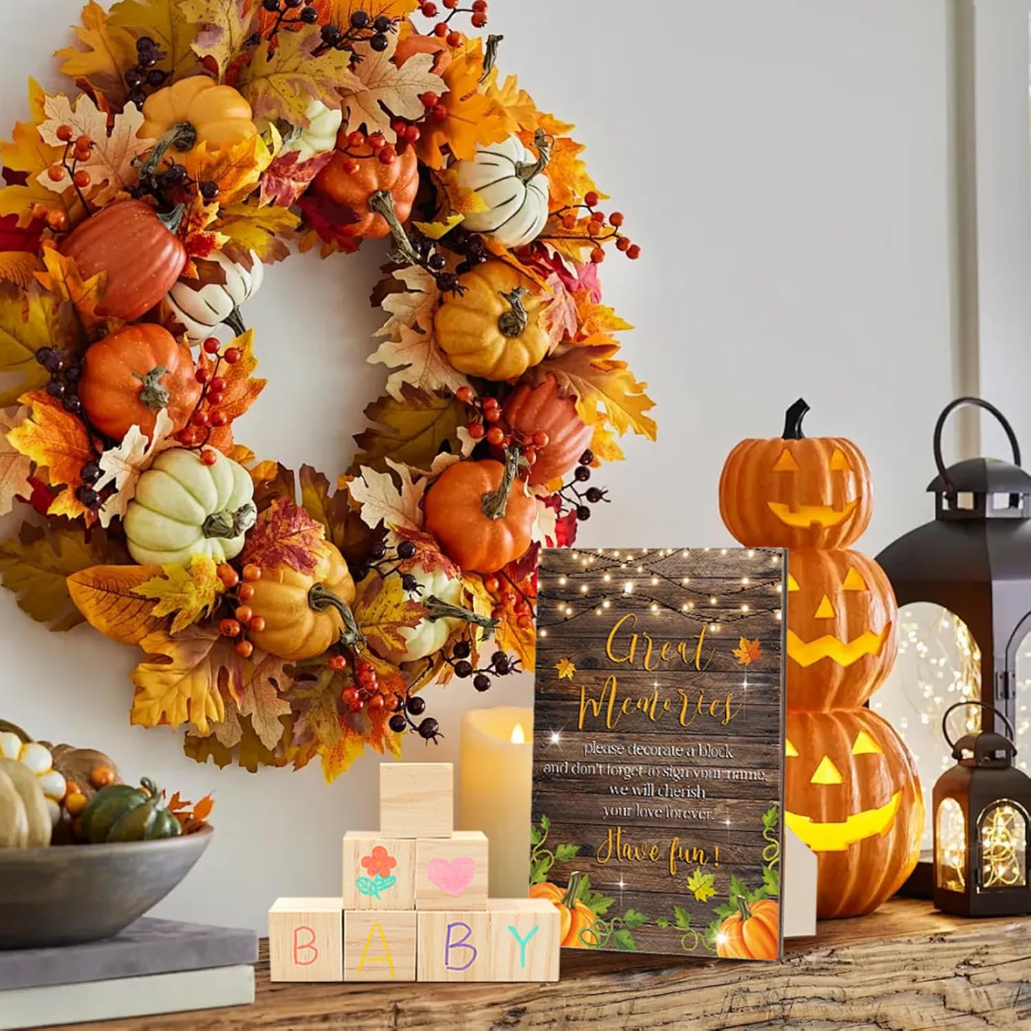 97 Pcs Pumpkin Baby Shower Games Sign Kit,Including Decorate A Block Game Sign 72 Diy Blank Wooden Blocks 24 Painting Pen To Draw Your Idea For Fall Baby Shower Game Thanksgiving Gender Reveal Party