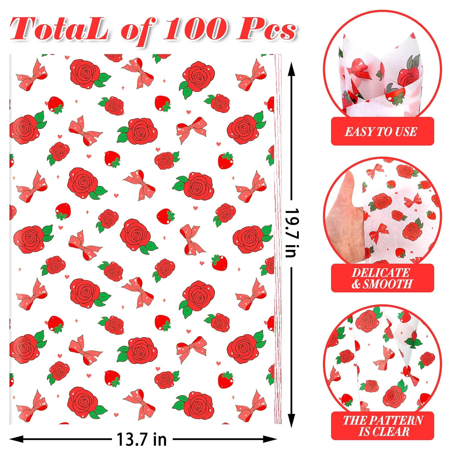 100 Sheet Red Rose Bow Strawberry Tissue Paper, 20X14In Red Rose Bow Strawberry Gift Wrapping Paper Art Craft Tissue For Valentine'S Day Birthday Wedding Party Supplies (A)