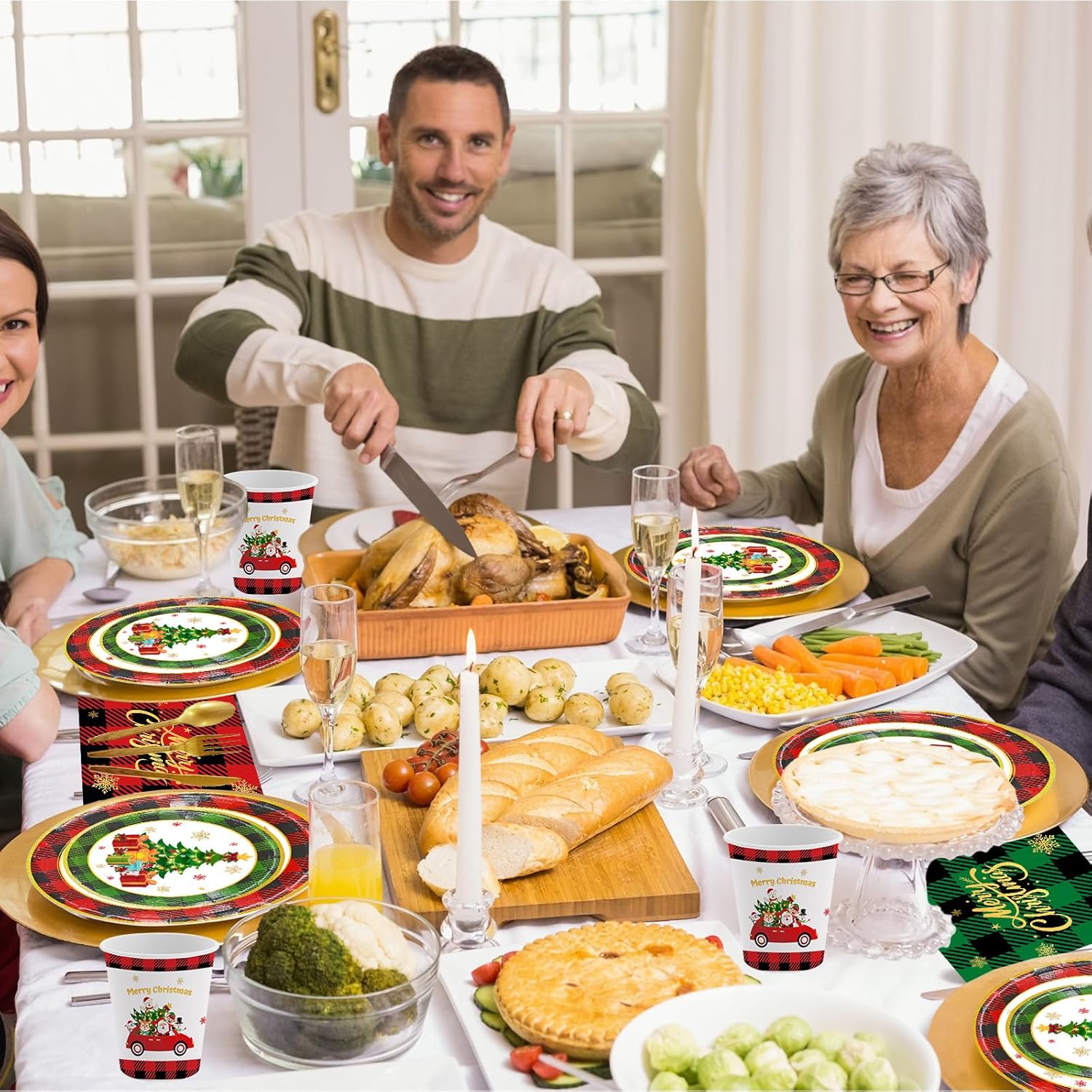 216 Pcs Merry Christmas Plates And Napkins Sets Cute Winter Christmas Round Tableware Disposable Chrismas Paper Plates And Napkins Forks For Xmas Party Supplies Favors Table Decor, Serves 24