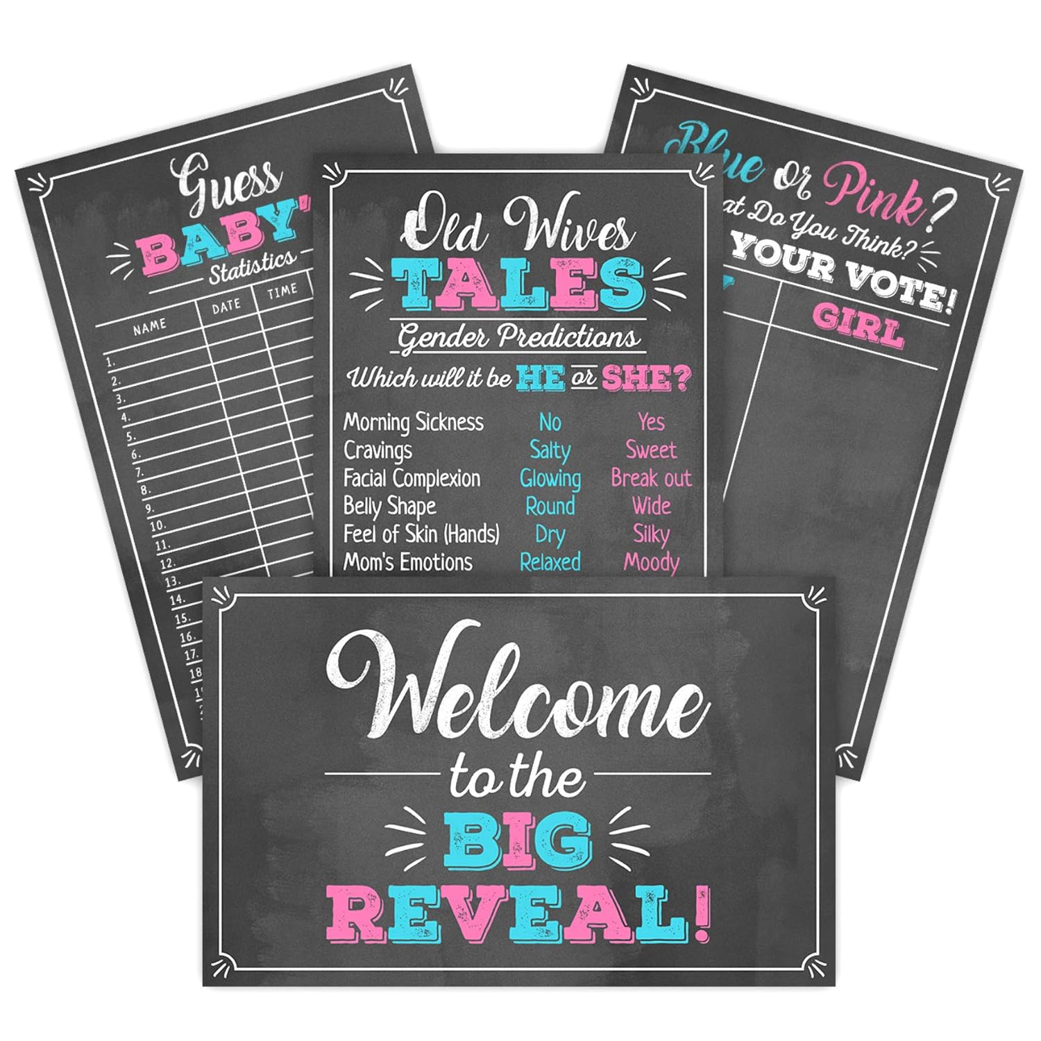 Gender Reveal Party Game Decoration Kit Includes 4- 11" X 17" Posters- Old Wives Tales, Voting Scoreboard, Baby Birth Predictions, And Welcome Sign- Black, Pink & Blue- Boy Or Girl