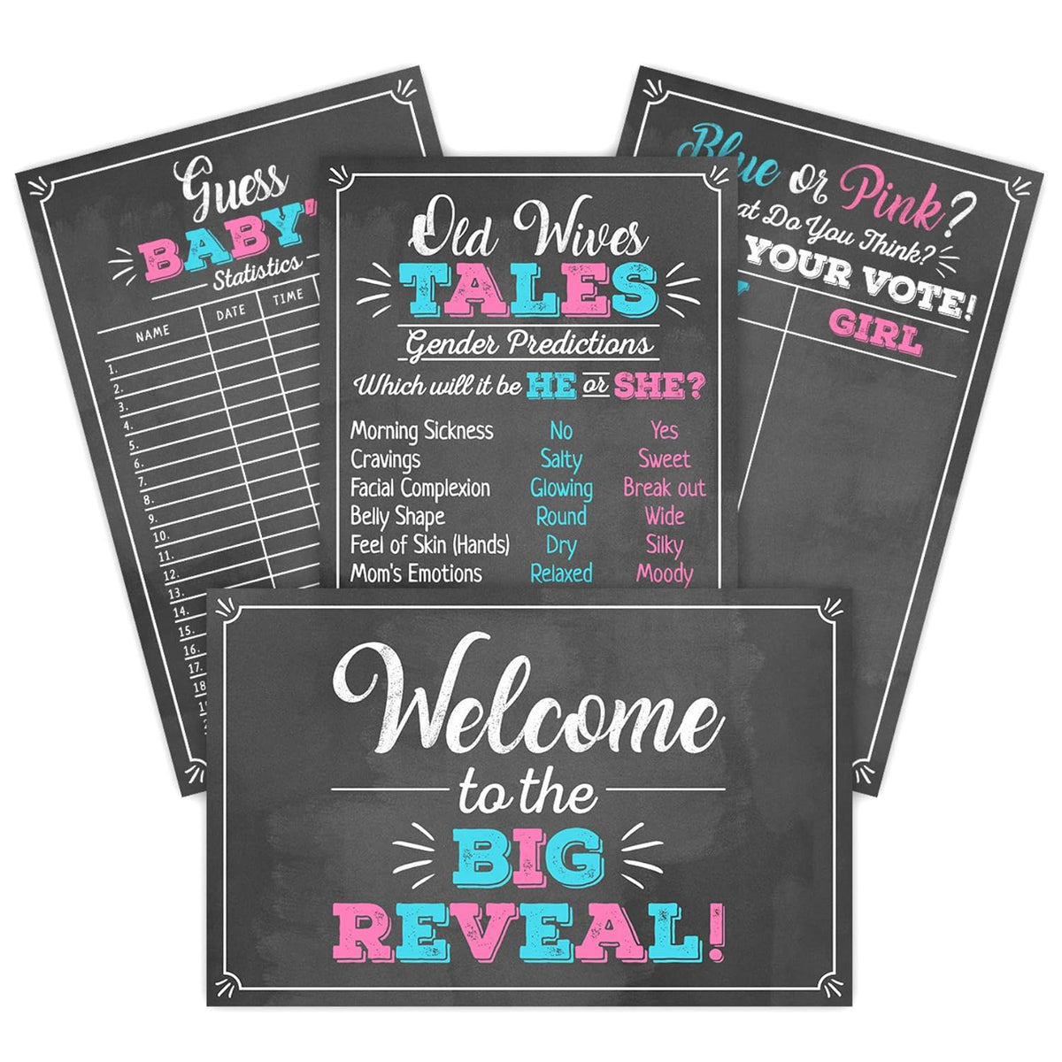 Gender Reveal Party Game Decoration Kit Includes 4- 11" X 17" Posters- Old Wives Tales, Voting Scoreboard, Baby Birth Predictions, And Welcome Sign- Black, Pink & Blue- Boy Or Girl