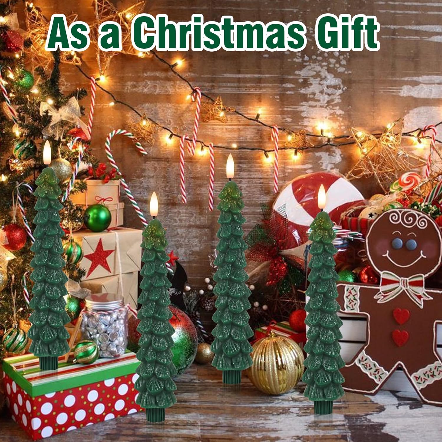 Christmas Tree Candles With Remote Timer, 4 Pcs Waxy Flameless Taper Candles Flickering, Battery Operated Led Candlesticks With 3D Flame Wick, Green Window Candle For Christmas Decorations