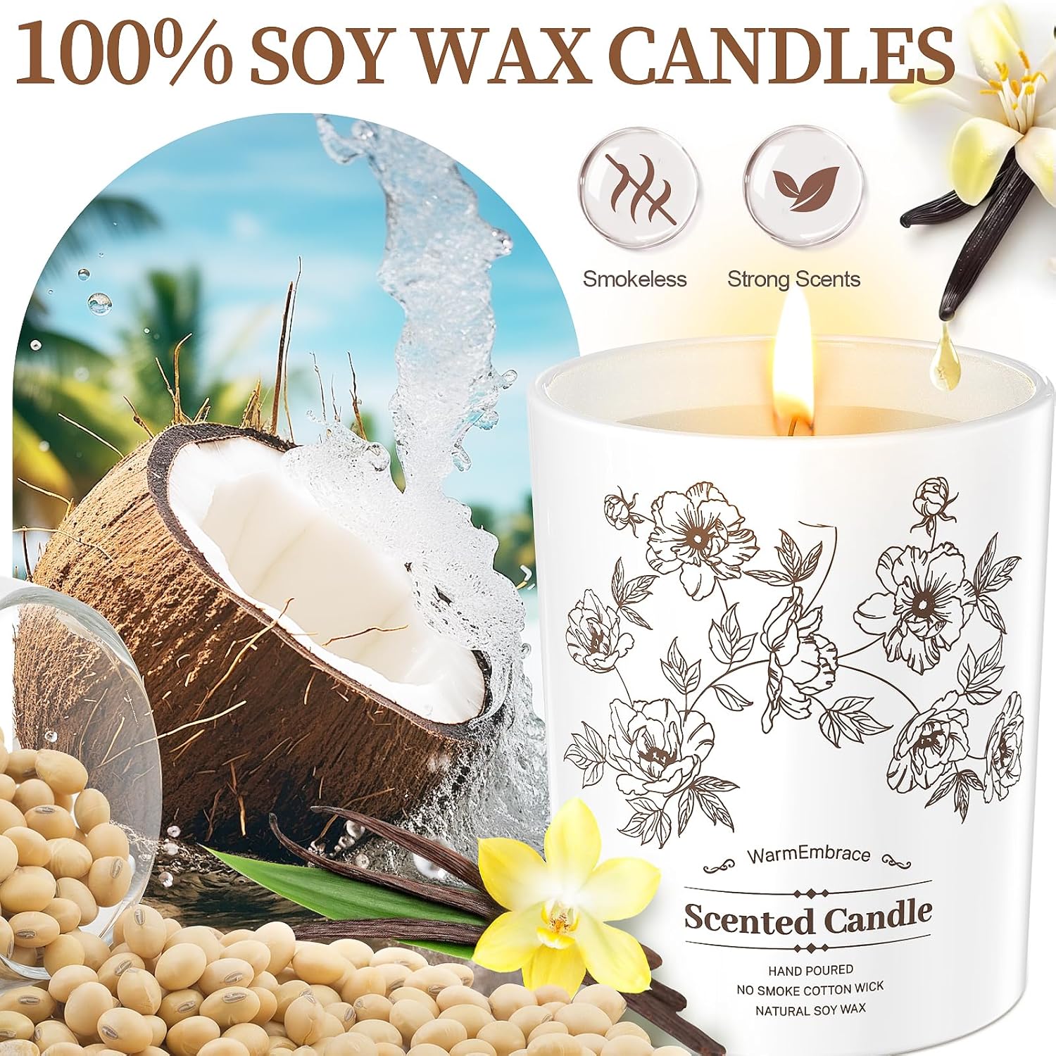 Deluxe Scented Candle For Women & Men, Vanilla Coconut Soy Wax Candle, 8 Oz Jar Candle For Home, Scented-60 Hours Long Lasting Burning, Suitable Gift For Mom