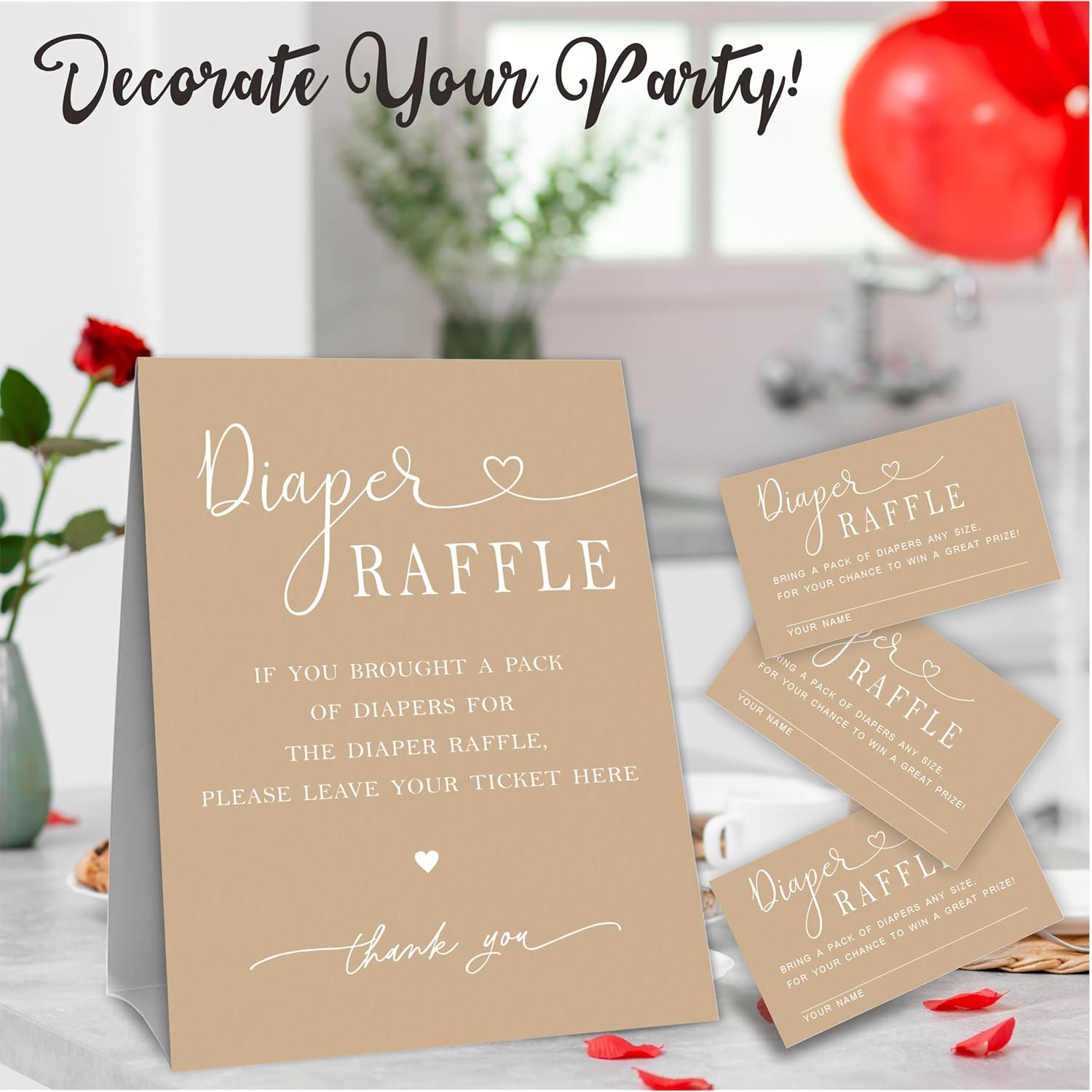 Minimalism Baby Shower Diaper Raffle Game Kit, 50 Brown Diaper Raffle Tickets & 1 Standing Sign, Decoration For Baby Shower, Gender Reveal, Activity Supplies - A04