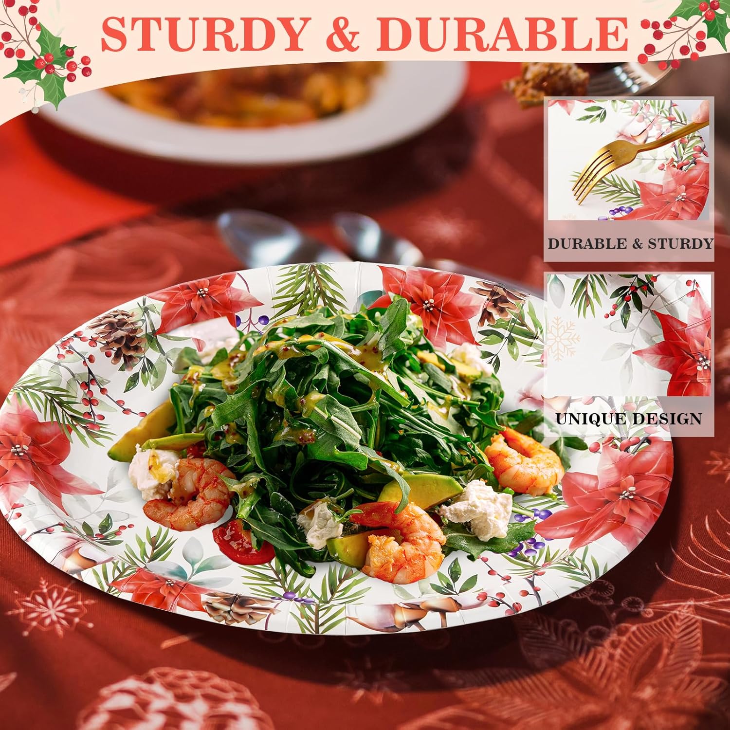 50 Count Christmas Oval Paper Plates, 10" X 12.5" Large Disposable Dinner Serving Platters, Poinsettia Design For Xmas Dinnerware Table Decorations