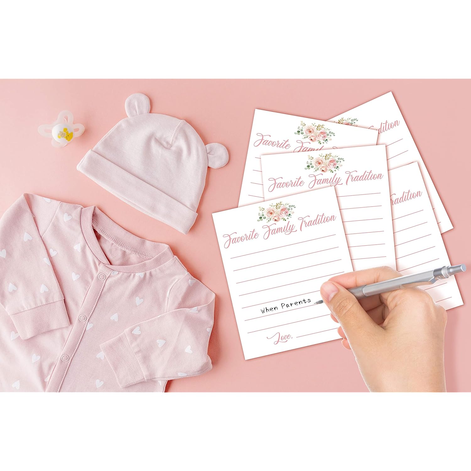 Baby Shower Game Set, Favorite Family Tradition, Floral Party Games(1 Standing Sign + 20 Note Cards), Blush Pink Baby Shower/Gender Reveal Party/Bridal Shower/Wedding Favor Decorations(A02)