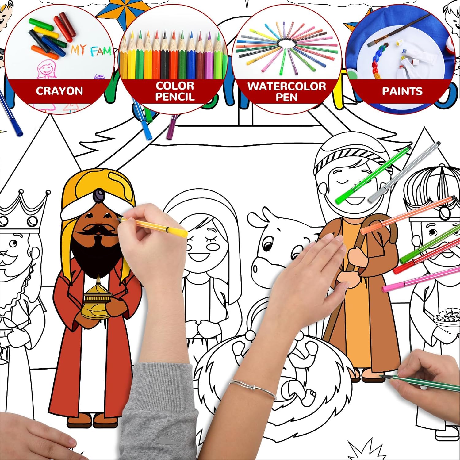 2 Pcs Christmas Coloring Posters - Jesus O Holy Night Giant Pages With 24 Color Pens - 31.4 X 43.3 Inch Xmas Huge Table Cover For Home Classroom Party Supplies Favor