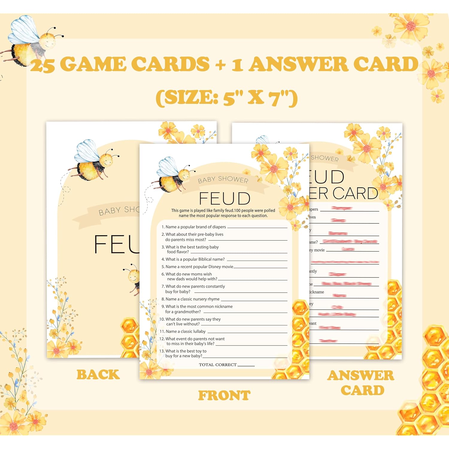 Baby Shower Games For Boys Girls, Honey Bee Themed Baby Shower Party Game Cards, Double Sided Gender Reveal Game Cards, Bumble Bee Pregnant Celebration Decoration Supplies, 03