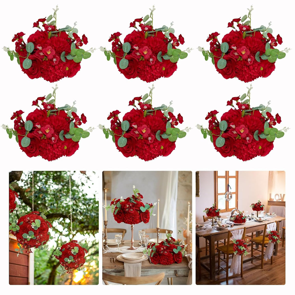 6Pcs Wedding Centerpieces For Tables 9.8" Artificial Flowers Rose Ball Arrangements Silk Flower Balls Floral For Valentine'S Day Party Table Home Decor ?Red?