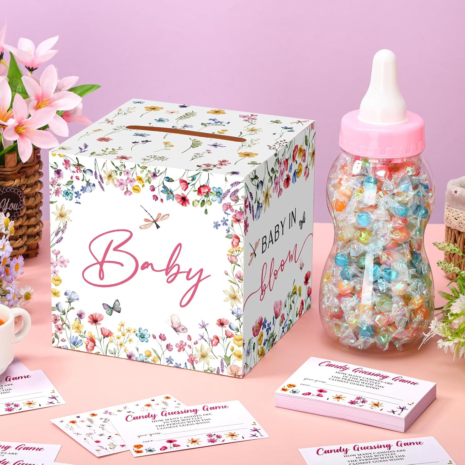 52 Pcs Baby Shower Games Gift Sets Large Baby Bottle For Shower Game Guess How Many Candies Decorations For Gender Reveal(Baby In Bloom)