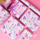 Reversible Ice Cream Wrapping Paper Roll For Kids Girls Women - 17 Inch X 20 Feet - Pink Summer Happy Birthday And Polka Dot Design Gift Wrap For Baby Shower Party Total 28.5Sq.Ft
