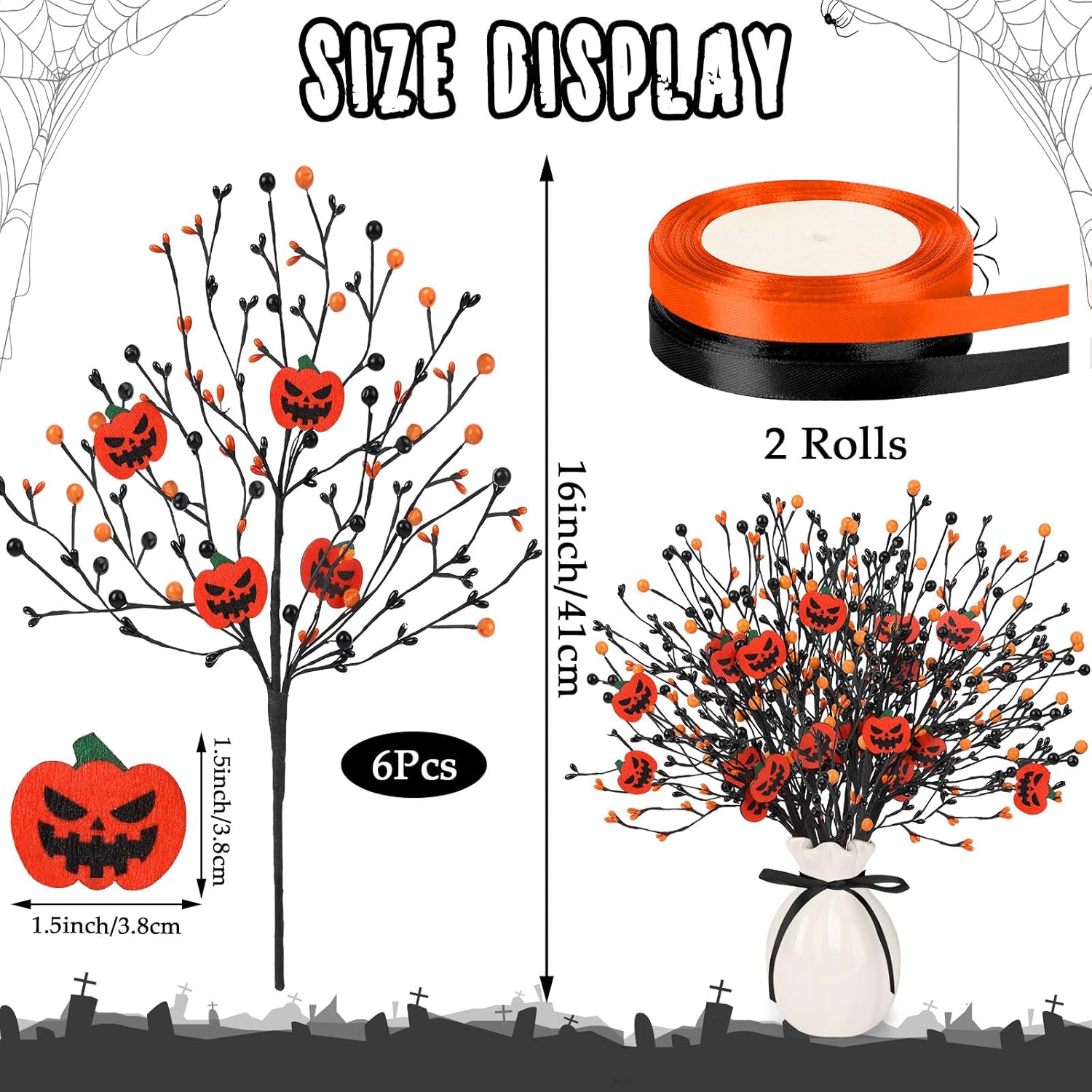6 Pcs Artificial Pumpkin Stems With Black Branches And 2 Roll Ribbons For Halloween Vase Bouquet Arrangement Wreath Table Centerpiece Home Party Decor