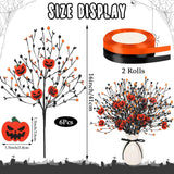 6 Pcs Artificial Pumpkin Stems With Black Branches And 2 Roll Ribbons For Halloween Vase Bouquet Arrangement Wreath Table Centerpiece Home Party Decor