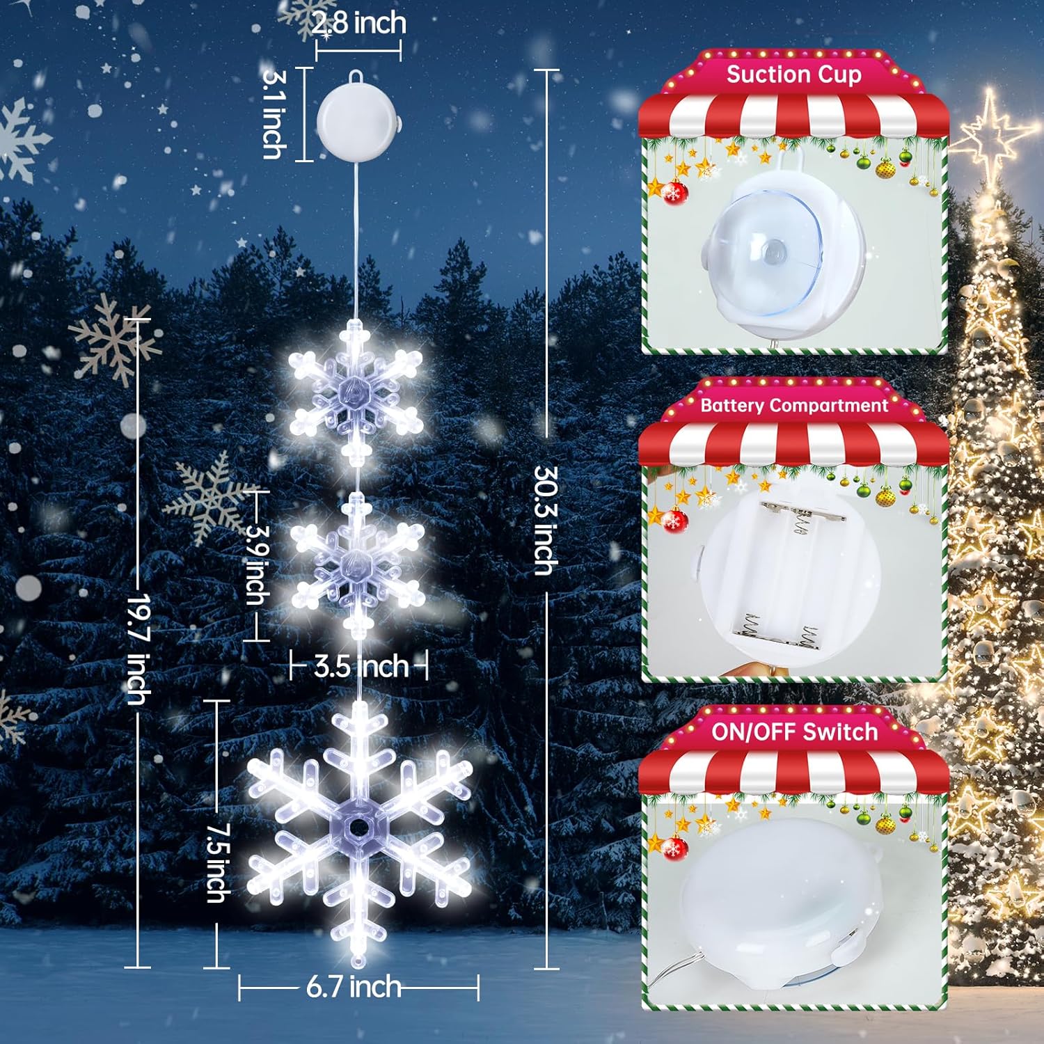Christmas Window Decorations, 3 Pcs Snowflake Christmas Window Lights With Suction Cup Battery Operated Hanging White Li