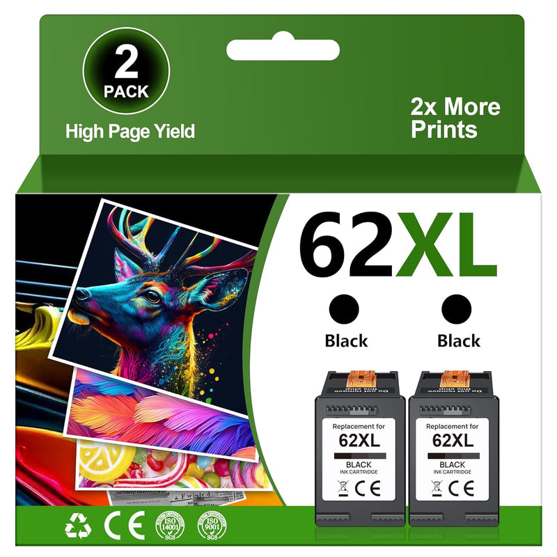 62XL Black Ink 2-Pack for Envy 5540, OfficeJet 5740, 8040 Printers