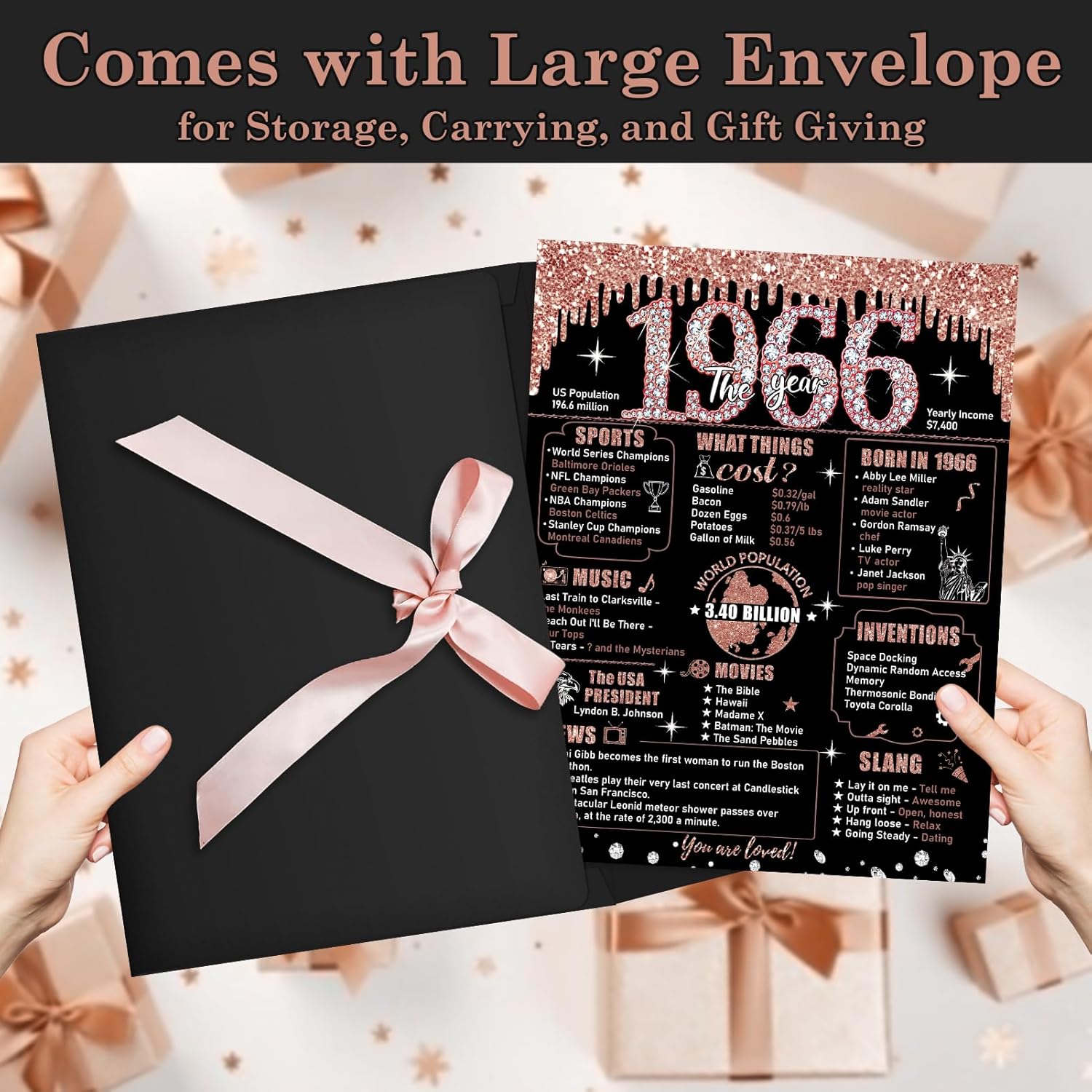 Large 60Th Birthday Card For Women With Envelope, Black Rose Gold Happy 60Th Birthday Guest Book Gifts Jumbo Sixty Greeting Card Back In 1965 Decorations Party Supplies