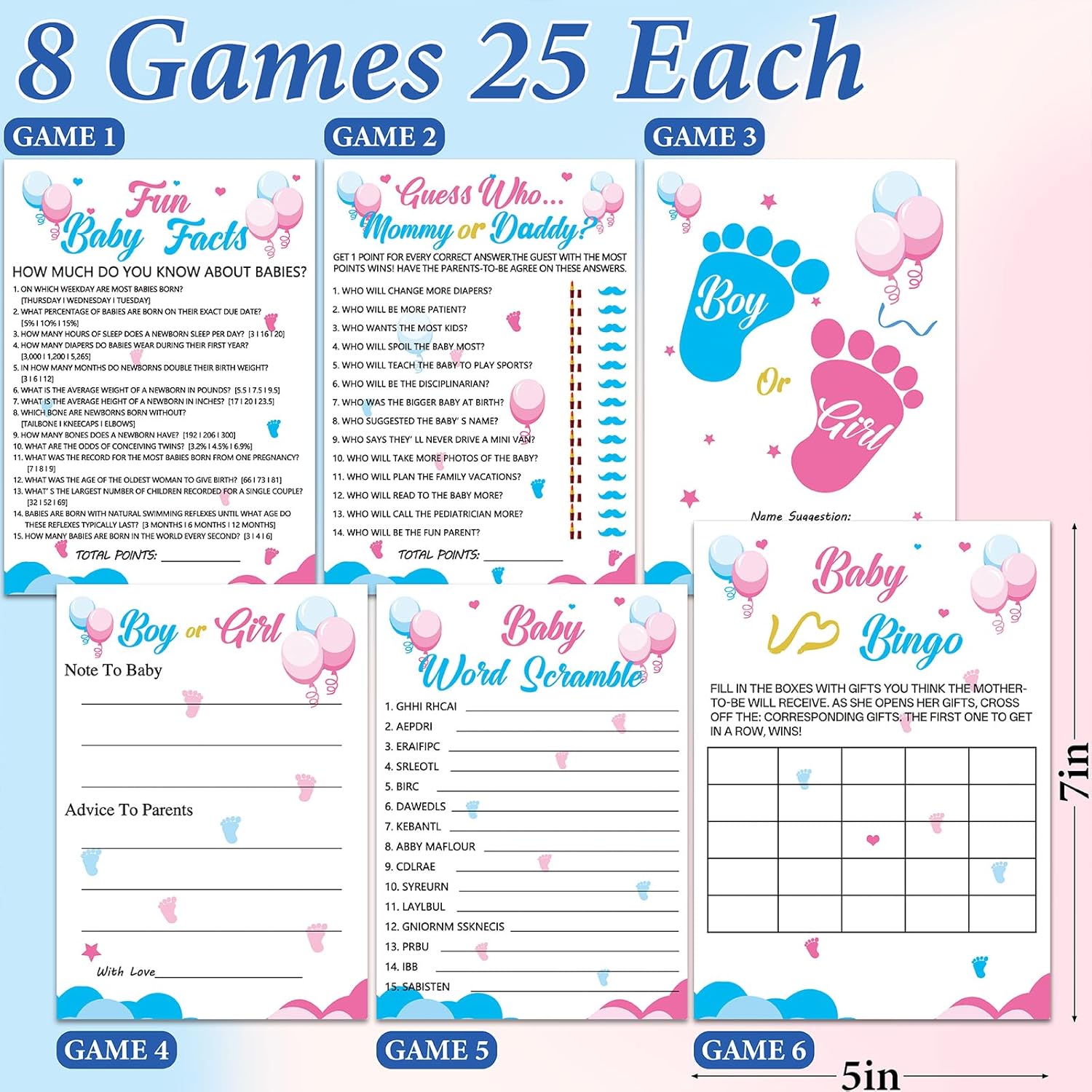 200 Pieces Gender Reveal Games For Guests, Gender Reveal Decorations Idea, Baby Shower Cards And Pencils For Boy Or Girl Gender Reveal
