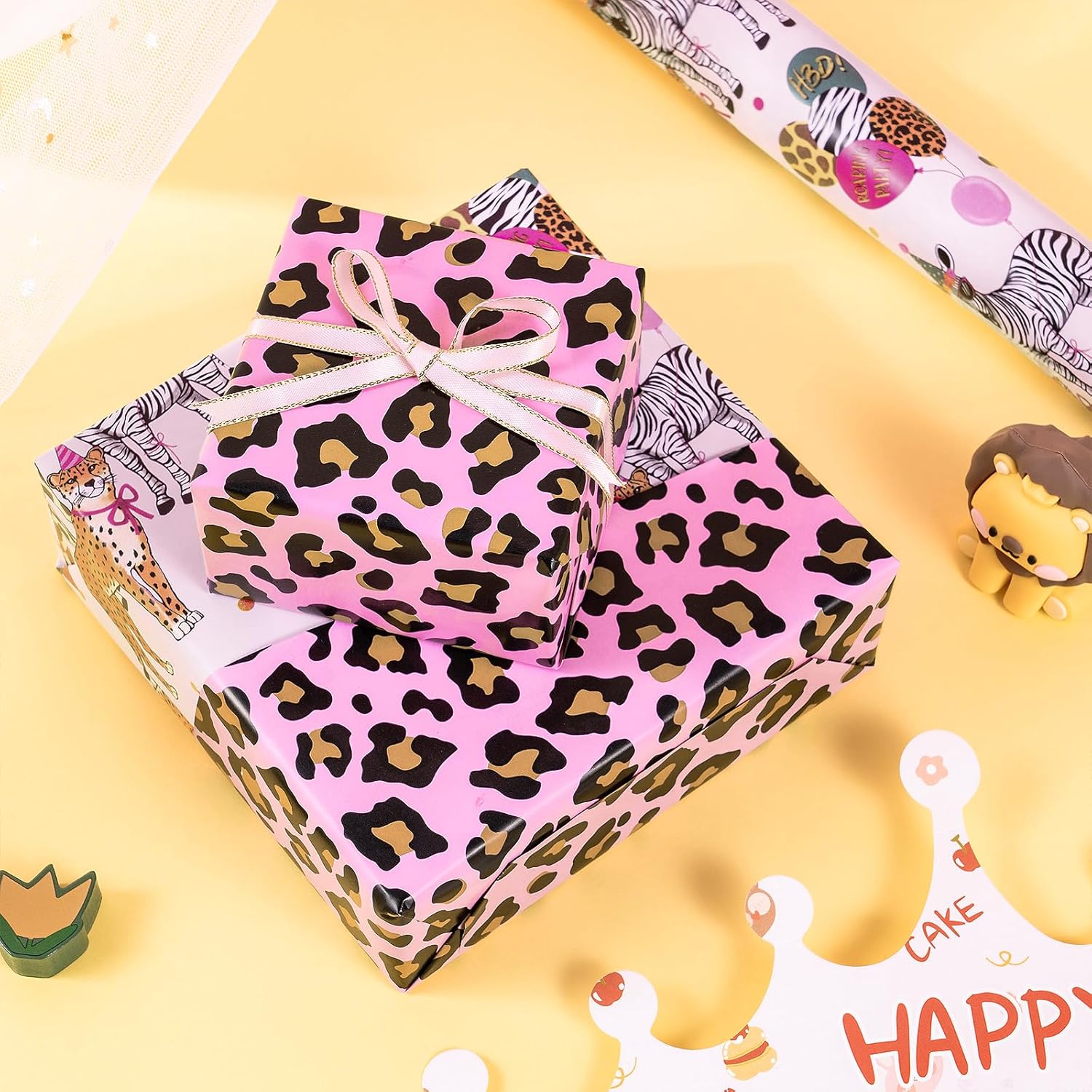 Reversible Birthday Wrapping Paper Roll, Mini Roll, Safari Animals Party Design & Pink Leopard Print Gift Wrap For Girls Birthday Party, Baby Shower, 17 Inches X 16.4 Feet