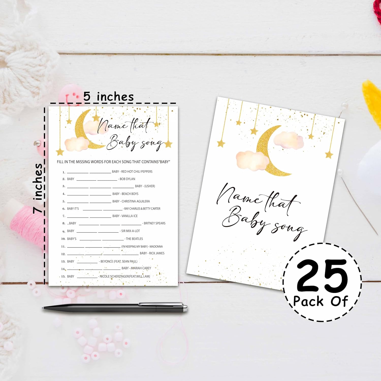 Baby Shower Party Games, Name That Baby Song Minimal Baby Shower Game, 25 Moon And Stars Gender Reveal Party Games Cards (5" X 7"), Over The Moon Baby Shower Supplies Decorations -03
