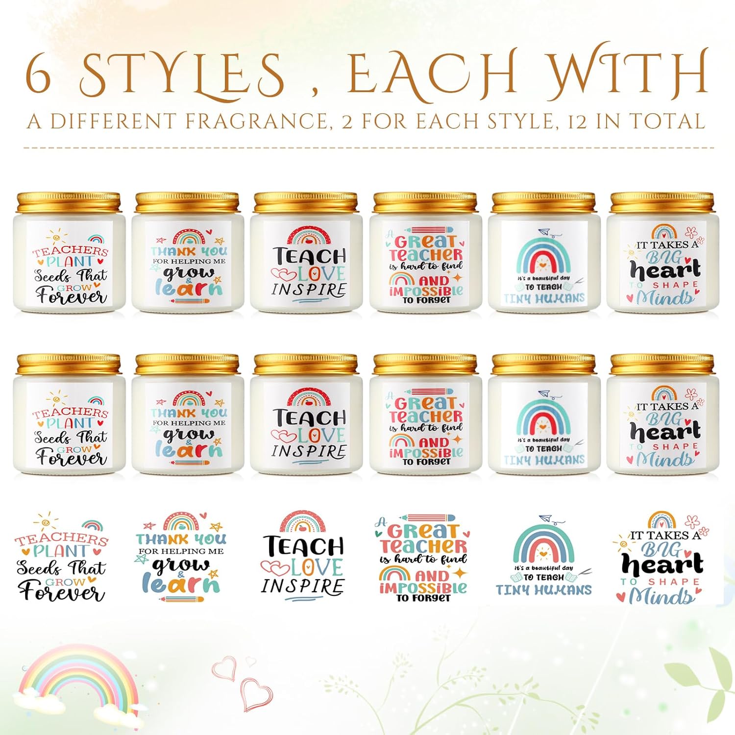 12 Pcs Teacher Appreciation Gift For Graduation End Of The Year, 3. 5Oz Scented Soy Wax Fragrance Thank You Candle Gift Aromatherapy Jar Inspirational Candle, 12 Style(Rainbow, White)