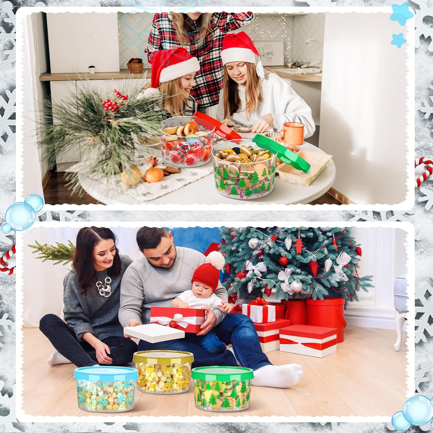 6 Pcs Christmas Cookie Storage Buckets With Lids Decorative Christmas Themed Plastic Bucket Stackable Snack Container Cookie Jars Winter Candy Containers For Holiday Baked Goods Gift Giving