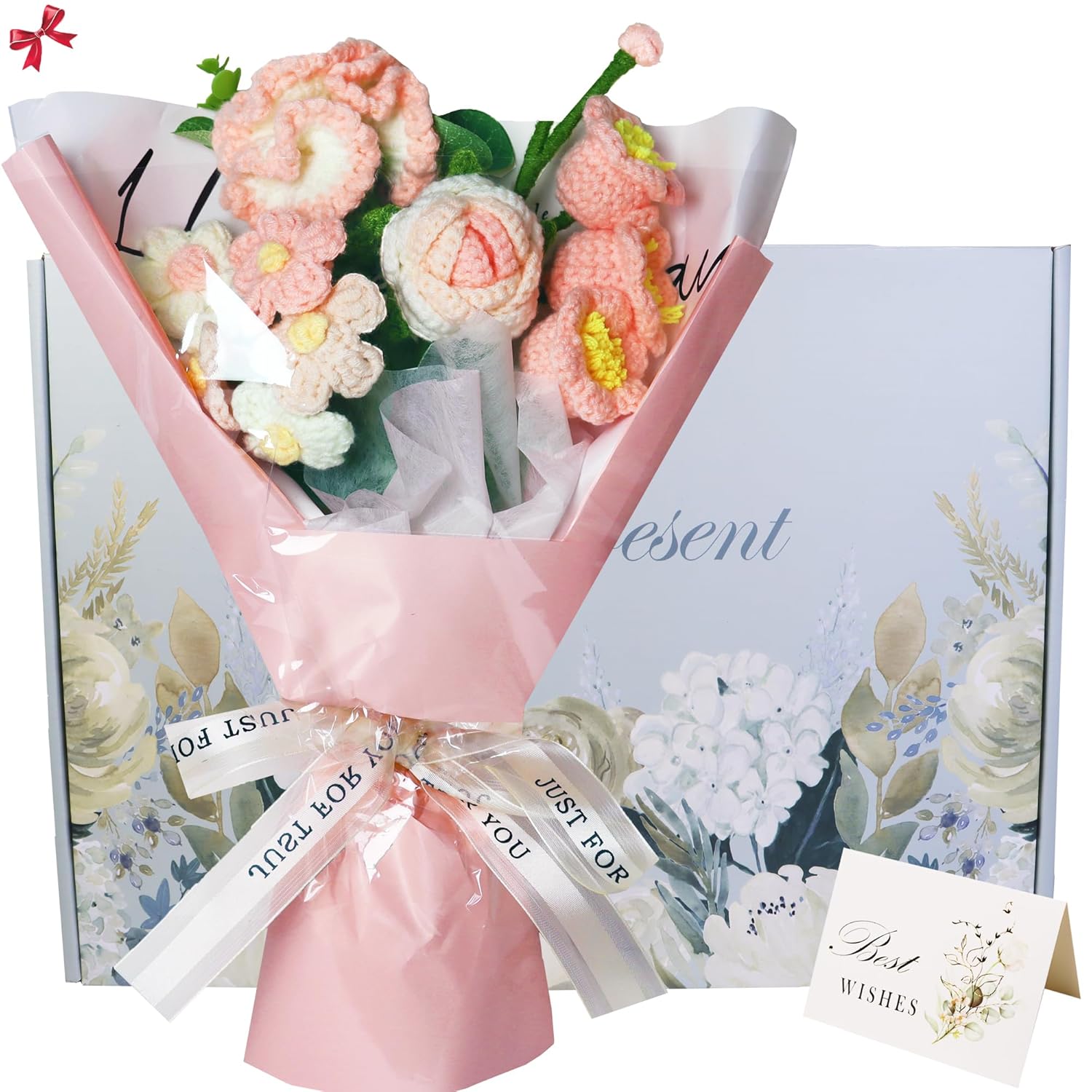 Crochet Flowers, Crochet Flowers Bouquet With Carnation, Lily Of The Valley, Roses, Forget Me Not & Puff, Comes With Sophisticated Gifts Box & Bag