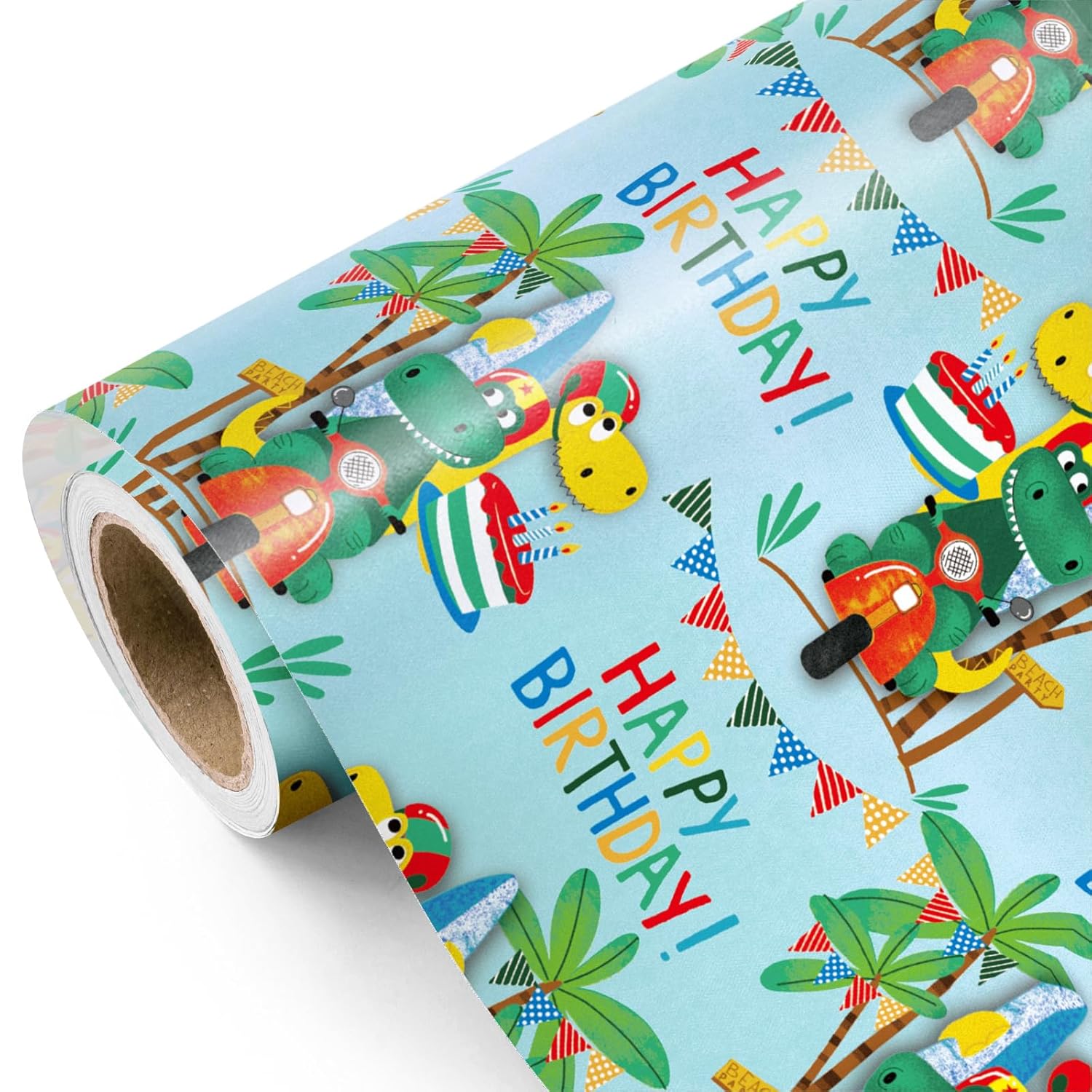 Birthday Dinosaur Wrapping Paper Roll - Mini Roll - 17 Inch X 9.8 Feet - Dinosaur And Happy Birthday Wrapping Paper, Perfect For Girl Kids Boy, Baby Shower, Party, Holiday
