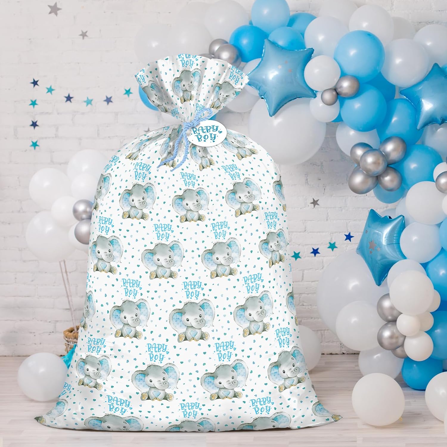 56" Large Baby Boy Plastic Gift Bag - Adorable Blue Elephant Jumbo Bike Bag Gift Wrap For Baby Shower, Kids Birthdays, Parties, Celebrating, Or Any Occasion - 56" H X 36" W