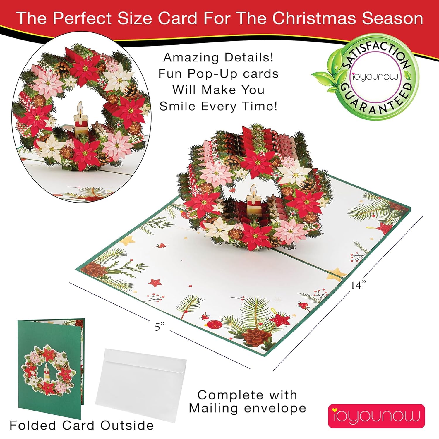 Christmas Wreath Popup Card - 6X12 Inch Christmas Greeting Card, 3D Popup Christmas Wreath Card Design - Attractive & Adorable Perfect For Christmas - Christmas Gift Card For Everyone, Paper