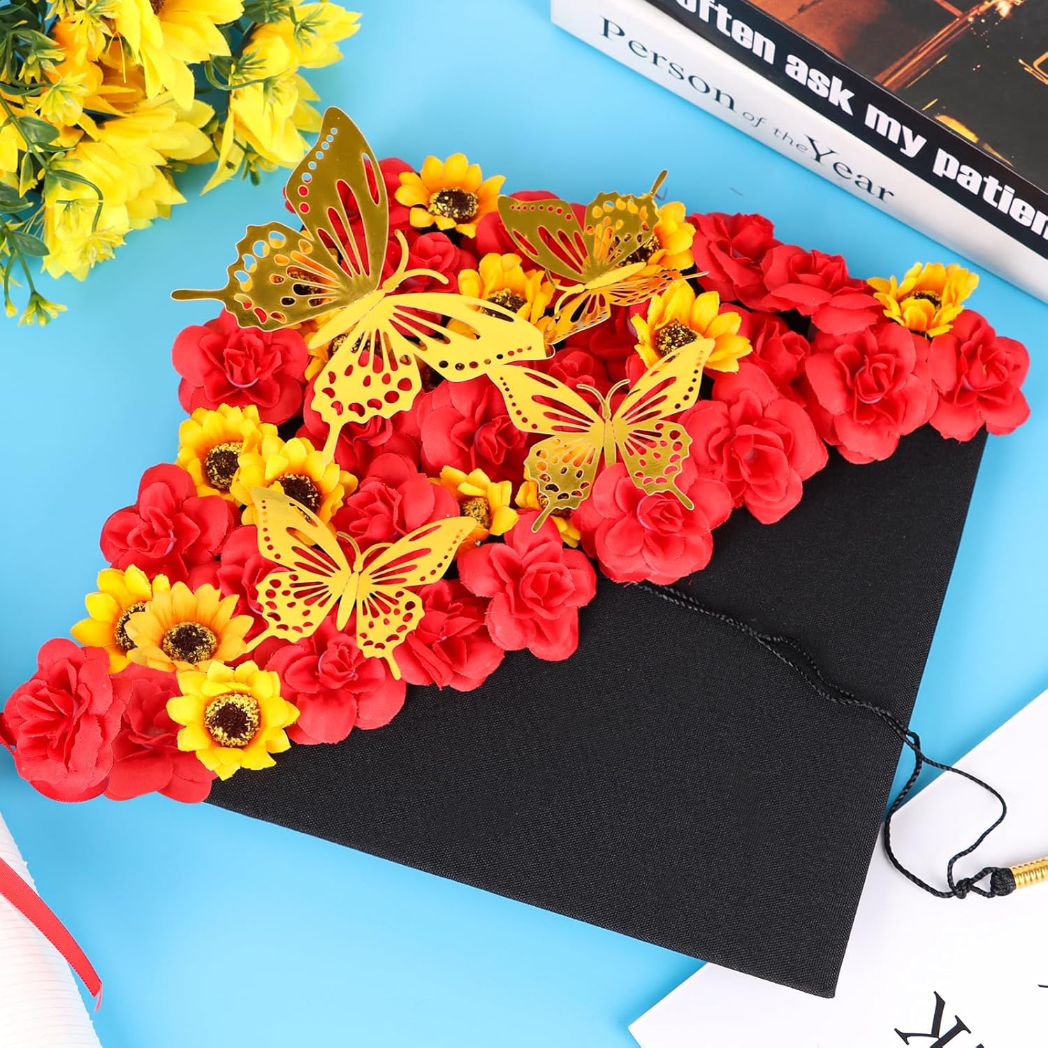 Graduation Cap Decoration Accessories,Faux Rose Sunflower 3D Butterfly Grad Hat Decor For 2025 Graduation Cap Topper Decoration Supply