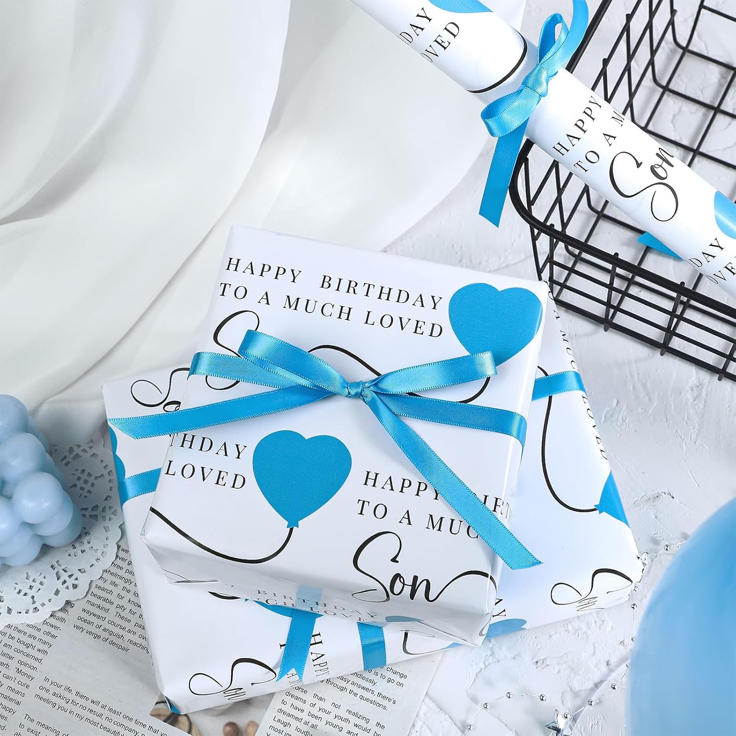Birthday Wrapping Paper Roll For Son - Mini Roll - 17 Inch X 16.5 Feet - Happy Birthday To Son Lettering With Blue Love Balloon Design