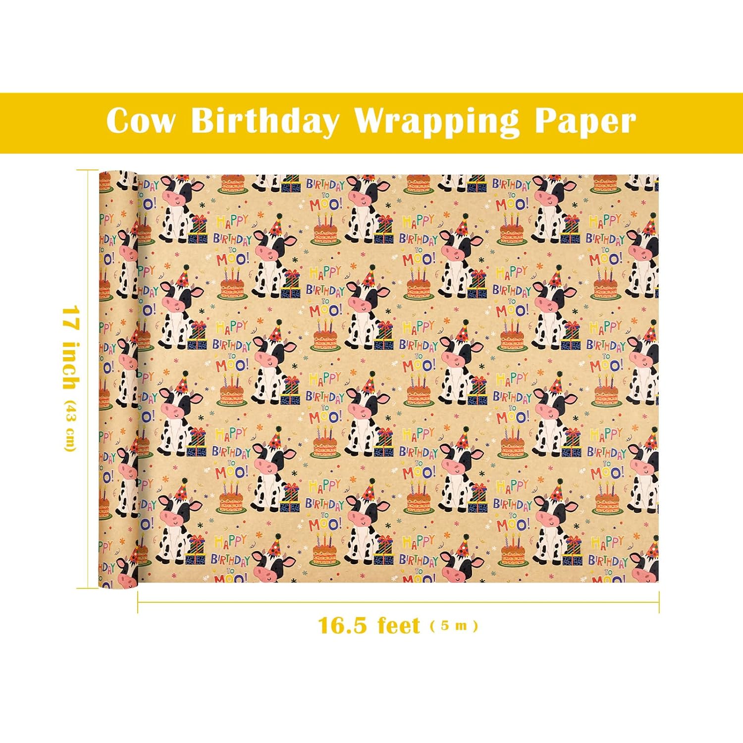 Kraft Cow Birthday Wrapping Paper Roll - Mini Roll - 17 Inch X 16.5 Feet - Cow Wrapping Paper With Cakes And Happy Birthday Moo Design Perfect For Girls Boy Kids, Baby Shower