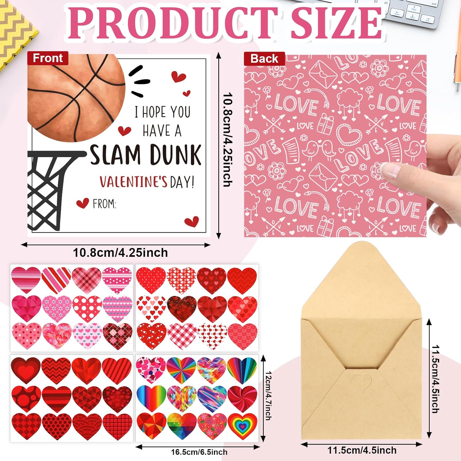 48 Pack Valentines Day Cards For Kids Classroom Basketball Valentine'S Day Exchange Greeting Cards With Envelopes And Heart Stickers For Kids Classroom School Party Favors 4.3 * 4.3 Inch