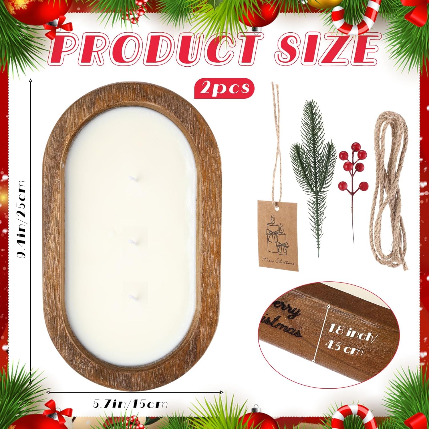 2 Pack Dough Bowl Christmas Candle Wood Candle 9.4 X 5.7 X 1.8 Inch Scented Candles For Home Wooden Candle Bowl 3 Wick Decorative Candles For Home Decor Farmhouse Gift For Christmas
