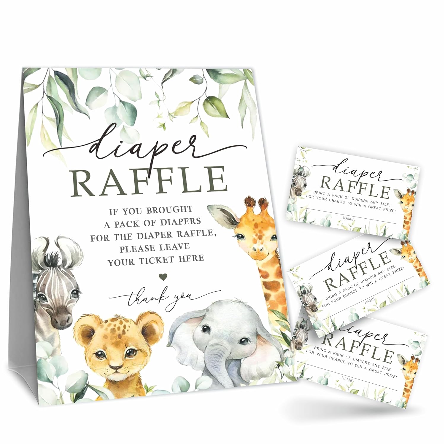 Greenery Diaper Raffle Game Kit - Safari Animals Theme - 1 Sign & 50 Tickets, Shower Decoration, Gender Reveal - B05