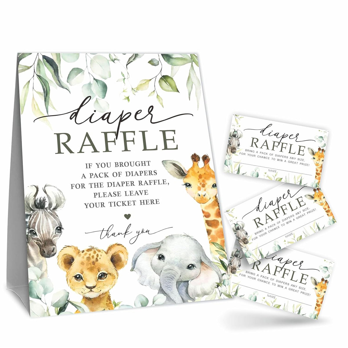 Greenery Diaper Raffle Game Kit - Safari Animals Theme - 1 Sign & 50 Tickets, Shower Decoration, Gender Reveal - B05