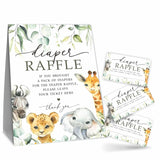 Greenery Diaper Raffle Game Kit - Safari Animals Theme - 1 Sign & 50 Tickets, Shower Decoration, Gender Reveal - B05