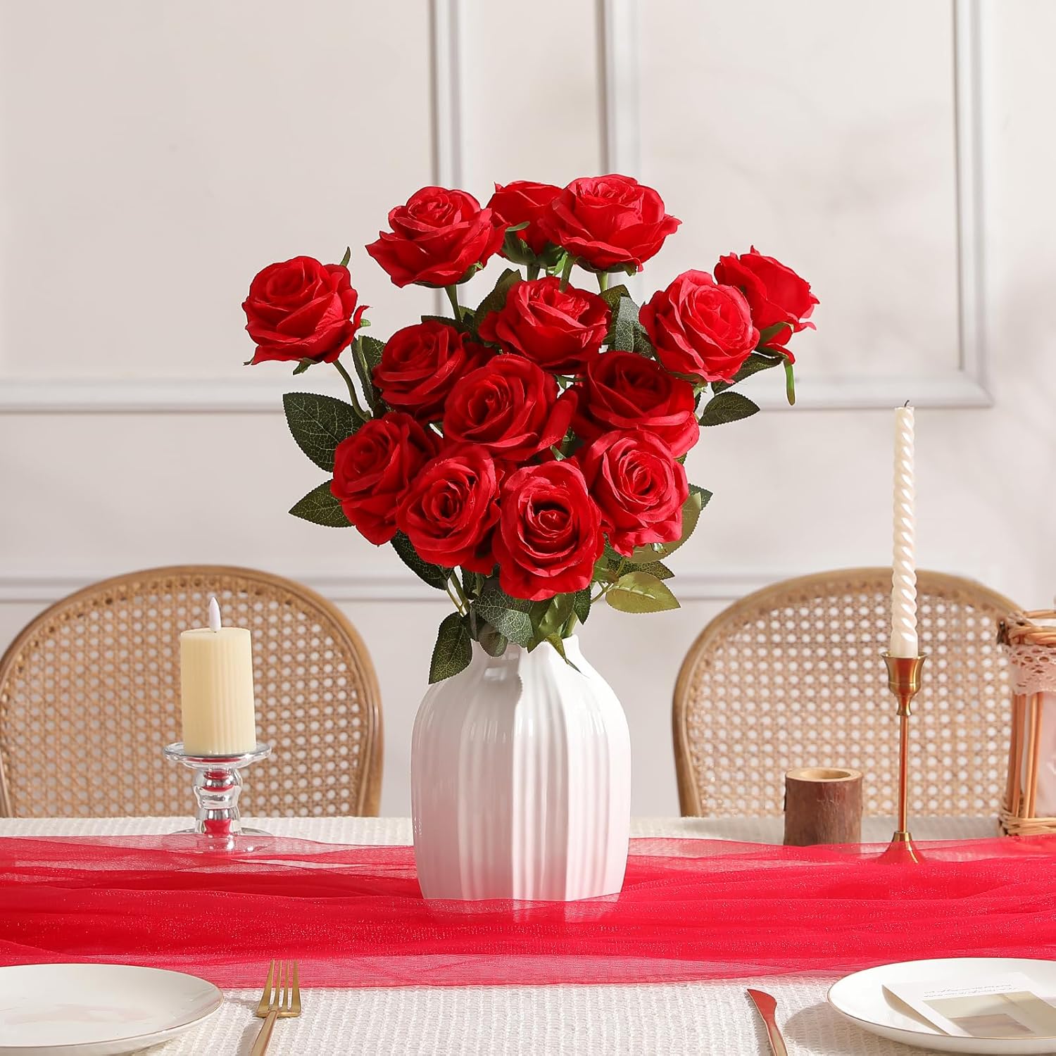 24Pcs Artificial Red Roses, Fake Silk Roses Flower With Long Stems, Realistic Flowers For Bridal Wedding Party Table Centerpiece Home Decor
