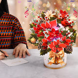 Pop Up Christmas Cards With Lights And Music, 12 Inch Paper 3D Poinsettia Bouquet Design, Musical Xmas Flower Popup Greeting Card With Note Card & Envelope For Christmas Holiday Decoration
