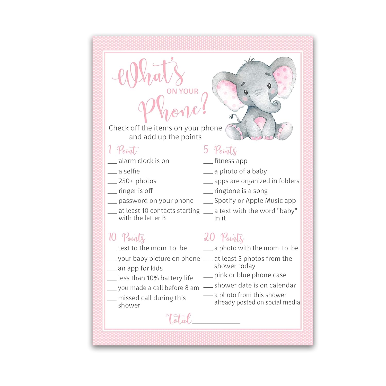What'S On Your Phone Baby Shower Game — Pack Of 25 — Girl Pink Elephant Baby Shower Games, Cute Pink Polka Dot Baby Elephant Little Peanut Theme, Baby Girl Shower Activity G500-Phn