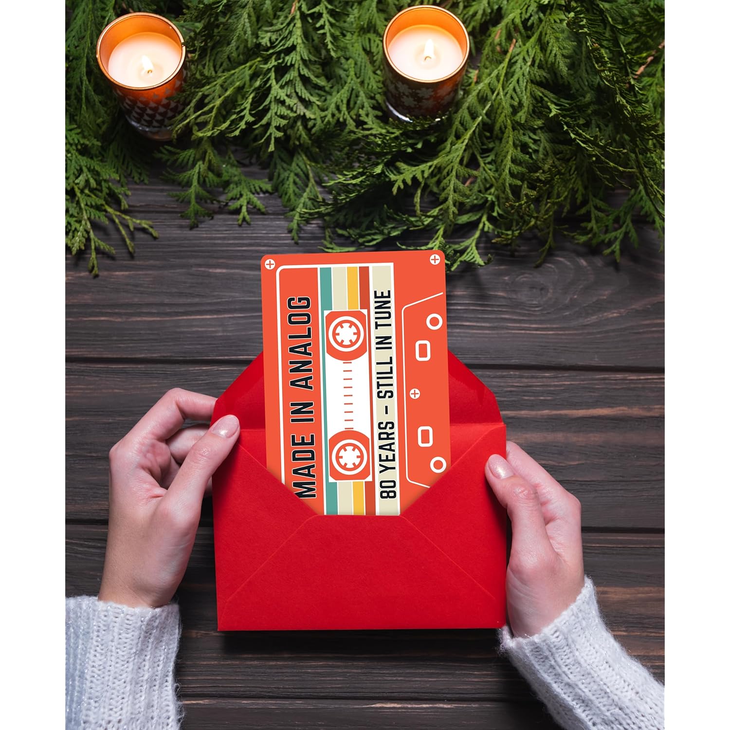 80Th Birthday Card – Retro Cassette Tape Design – Made In Analog, Still In Tune – 80 Year Old Gifts For Him Or Her – Folded Card 4.5X7Inch With Red Envelope, Sticker - Sweet Decorations For Him, Her