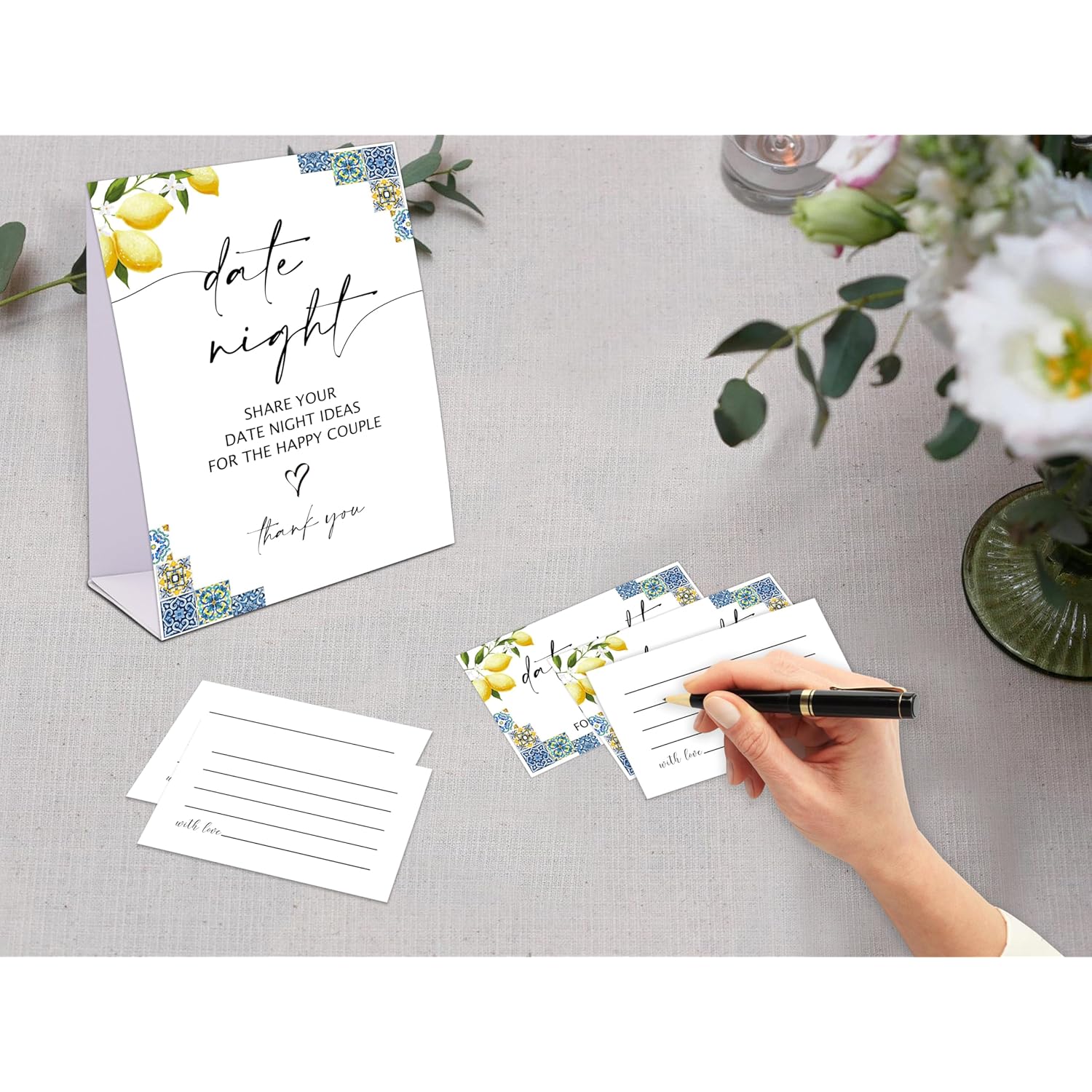 Blue Tiles And Lemons Date Night Game, Date Night Ideas Sign With 50 Cards, Bridal Shower Game, Modern Bridal Shower Decorations, Wedding Date Night Advice - 02