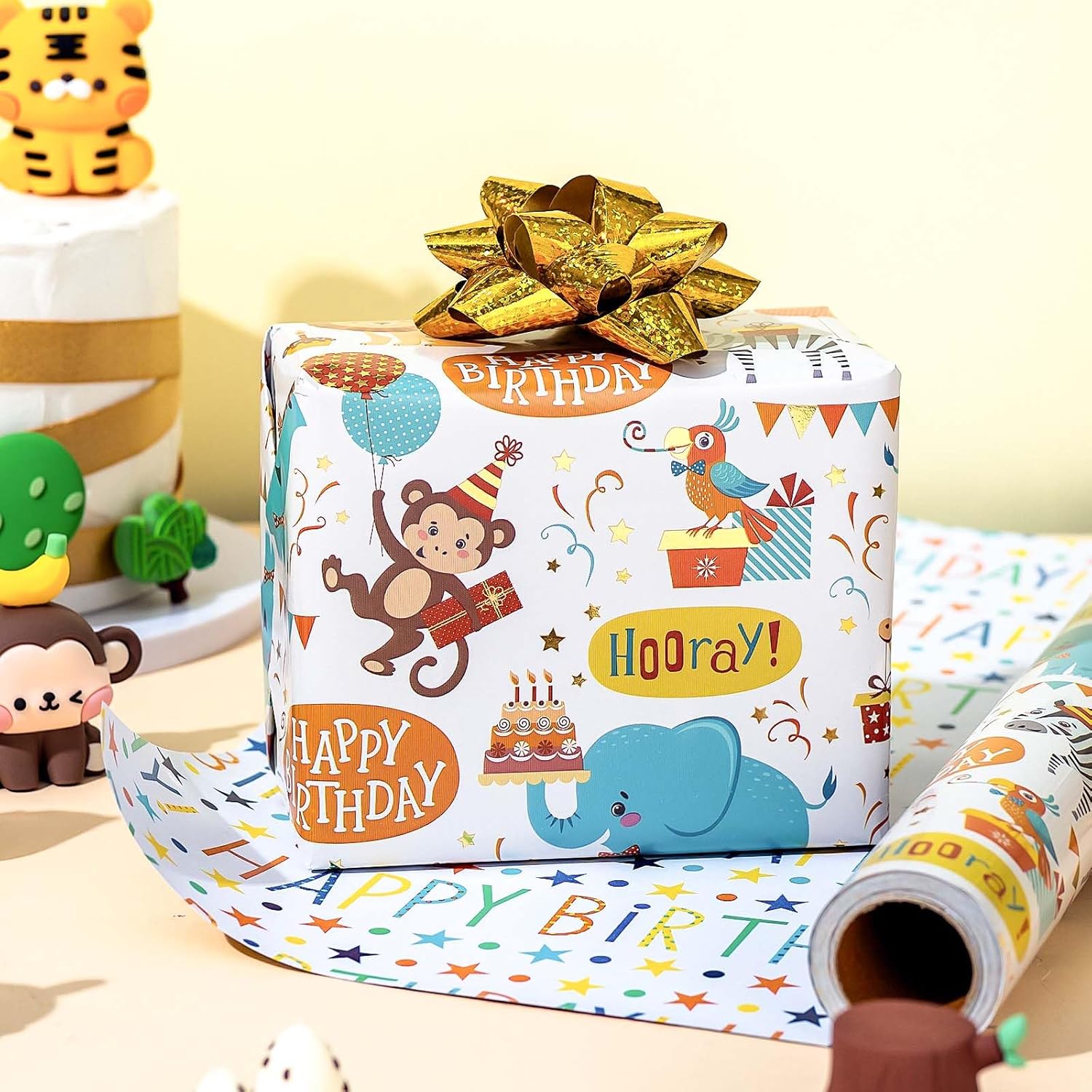Birthday Wrapping Paper, 17 Inch X 32.8 Feet Cute Monkey Giraffe Animal Themed Balloon Happy Birthday Lettering Gift Wrap For Boy, Girl, Baby Shower, Newborn Celebration
